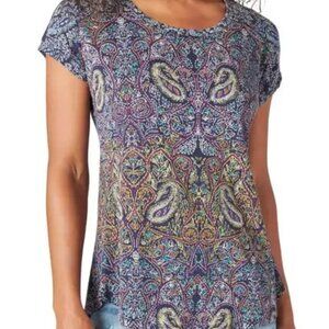 Lucky Brand Slit Back Paisley Tee Small, NAVY MULTI